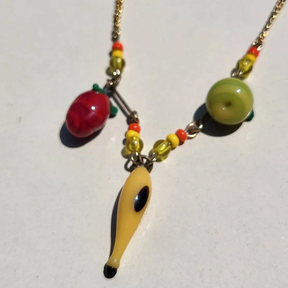 Vintage Glass Bead Fruit Necklace Gold Tone Banana Apple Charms